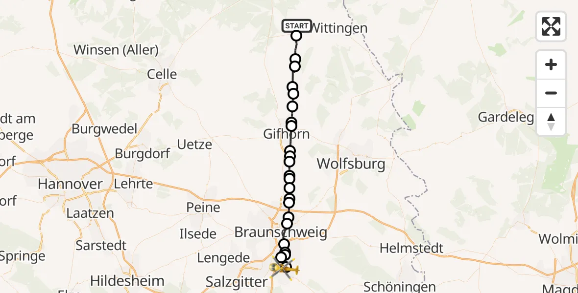 Routekaart van de vlucht: Rettungshubschrauber nach Wolfenbüttel Municipal Hospital Heliport (Christoph 30)