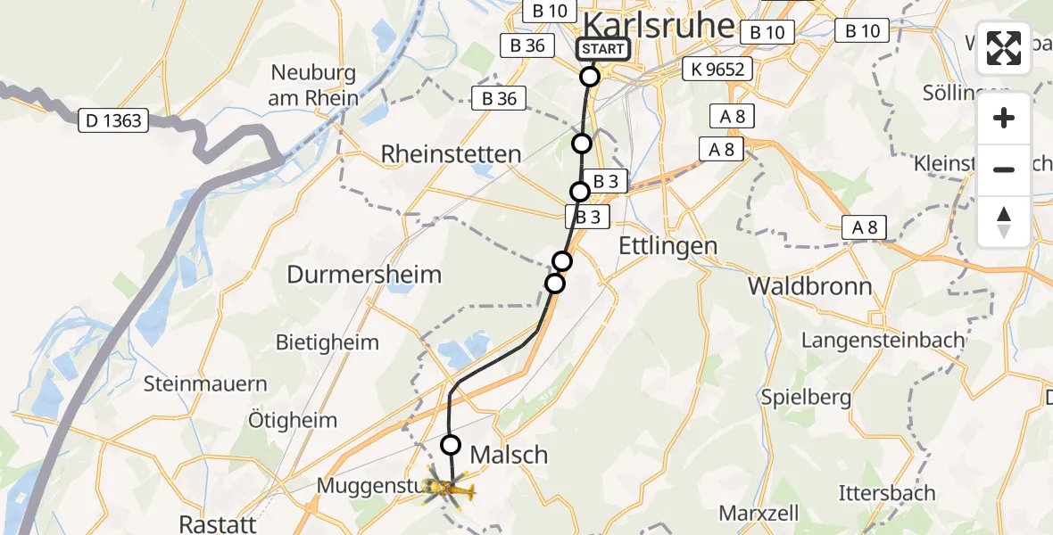 Routekaart van de vlucht: Rettungshubschrauber nach Malsch, Muggensturmer Straße