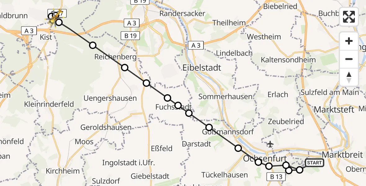 Flugroute Rettungshubschrauber Marktbreit - Höchberg, 27 Februar 2026, 11:14