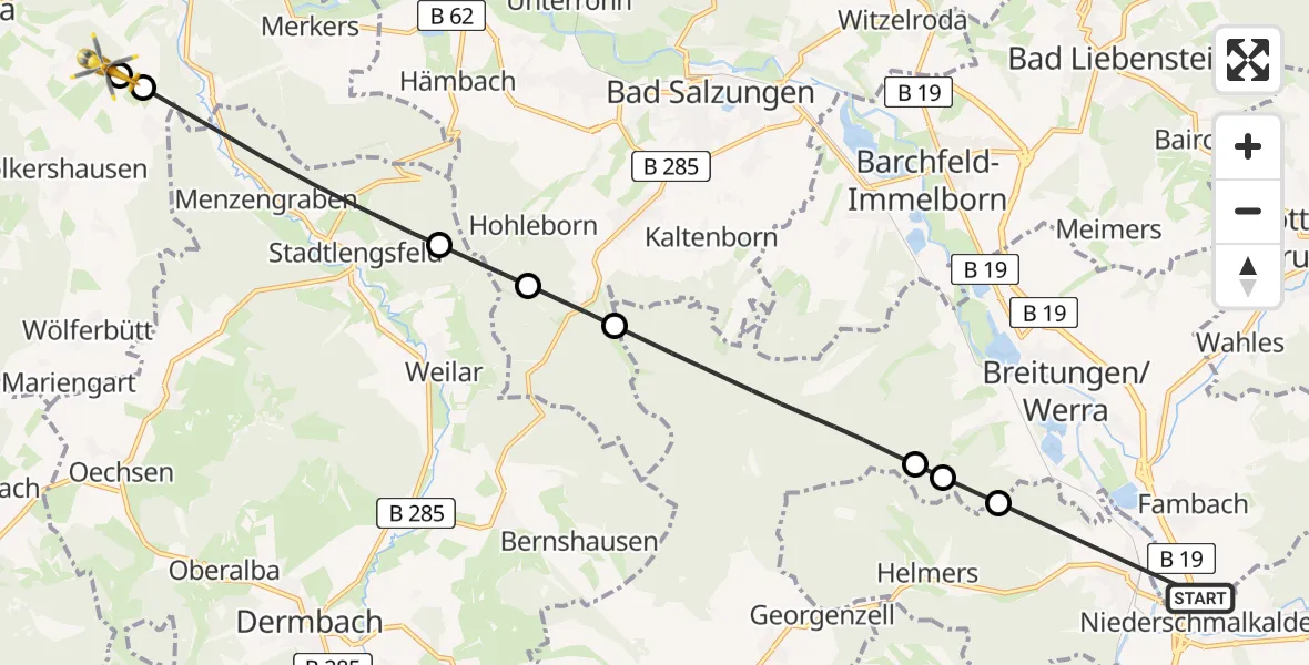 Flugroute Rettungshubschrauber Schmalkalden - Völkershausen, 27 Februar 2026, 11:27
