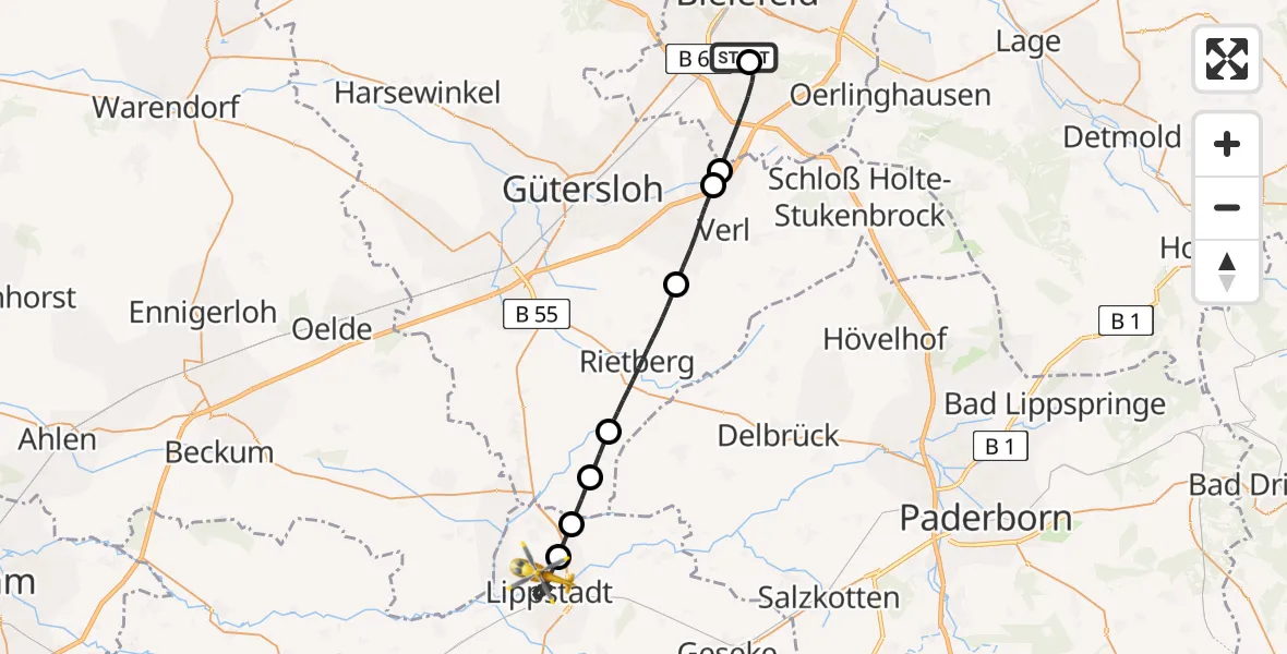 Flugroute Rettungshubschrauber Luftrettungszentrum Bielefeld - Lippstadt, 27 Februar 2026, 11:29
