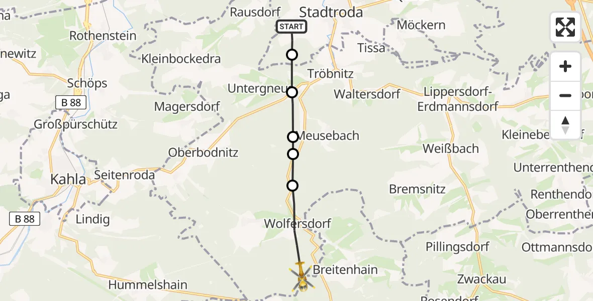 Flugroute Rettungshubschrauber Stadtroda - Breitenhain-Strößwitz, 27 Februar 2026, 11:34