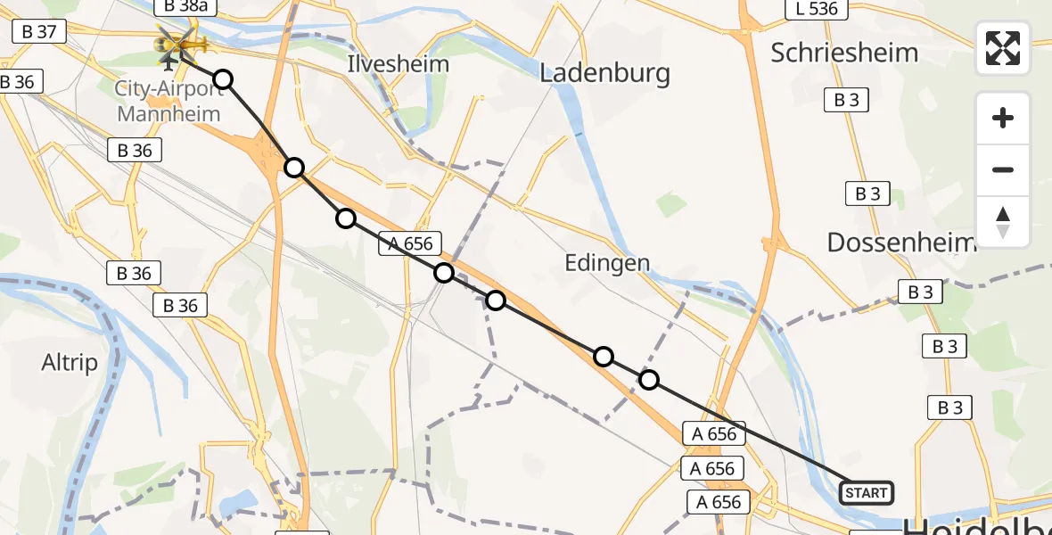 Flugroute Rettungshubschrauber Heidelberg - Mannheim-City Airport, 27 Februar 2026, 11:37