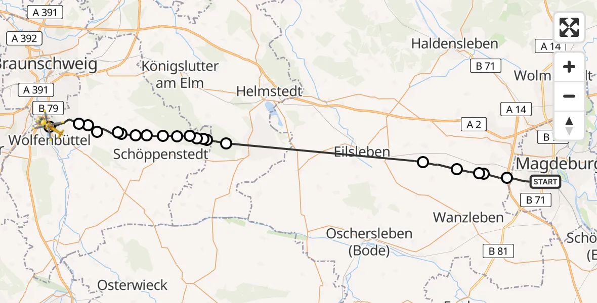 Flugroute Rettungshubschrauber Magdeburg - Wolfenbüttel Municipal Hospital Heliport (Christoph 30), 27 Februar 2026, 11:46