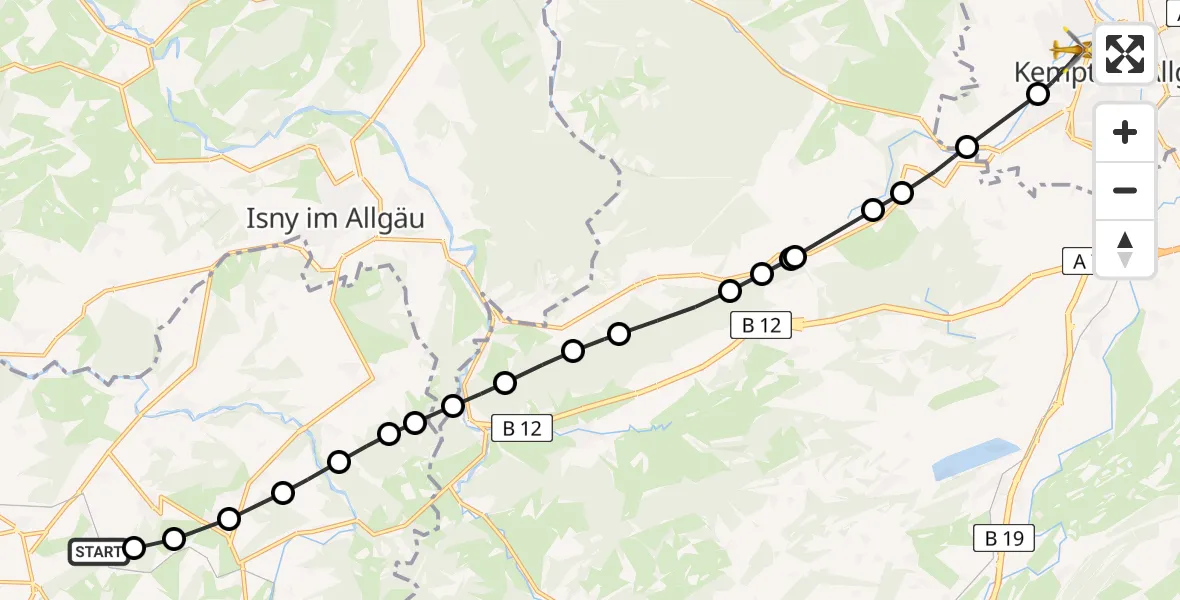 Flugroute Rettungshubschrauber Oberhäuser - Kempten (Allgäu), 27 Februar 2026, 11:50