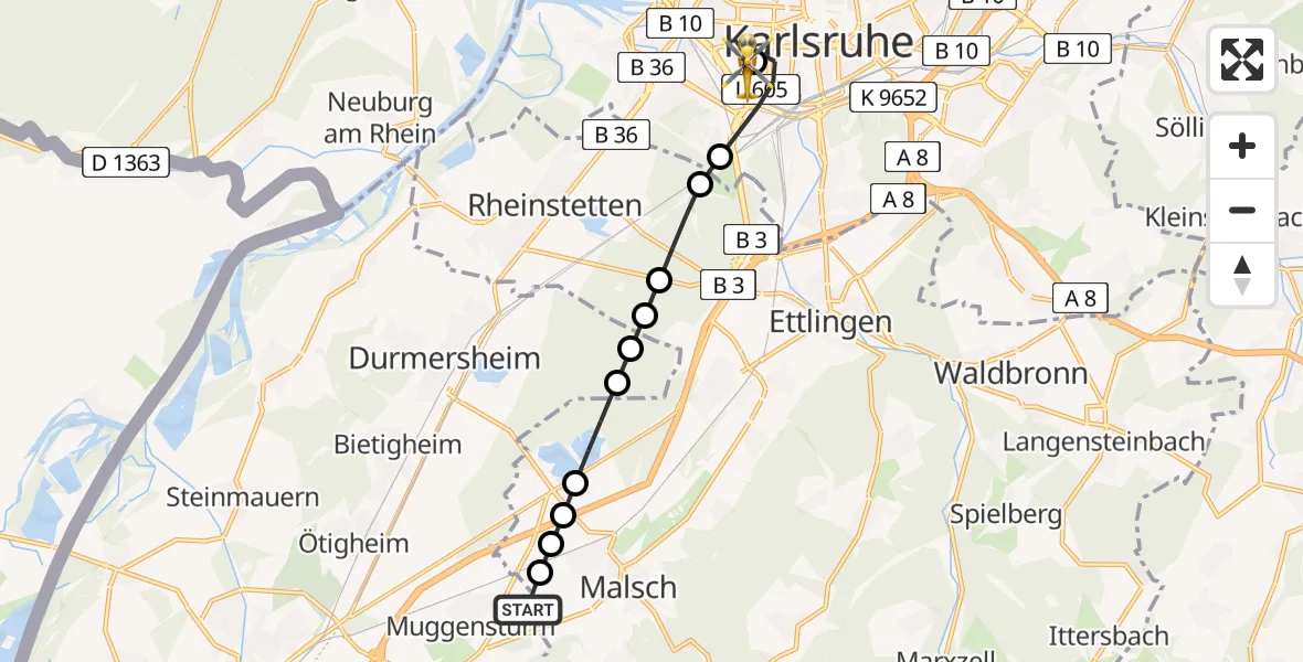 Flugroute Rettungshubschrauber Muggensturm - Sankt Vincentius Hospital Heliport, 27 Februar 2026, 11:51