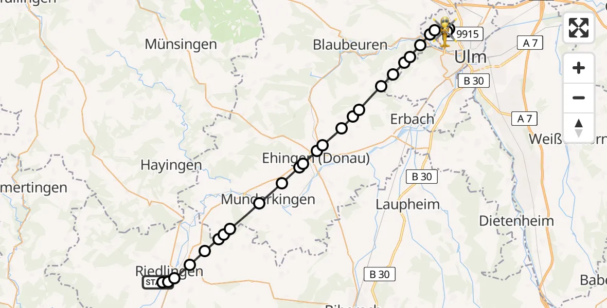 Flugroute Rettungshubschrauber Altheim - Ulm Military Hospital Emergency Heliport, 27 Februar 2026, 11:55