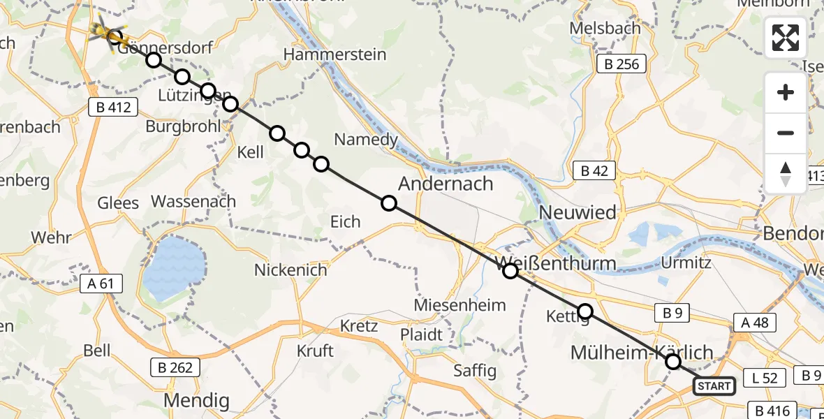 Routekaart van de vlucht: Rettungshubschrauber nach Waldorf, Eselsweg