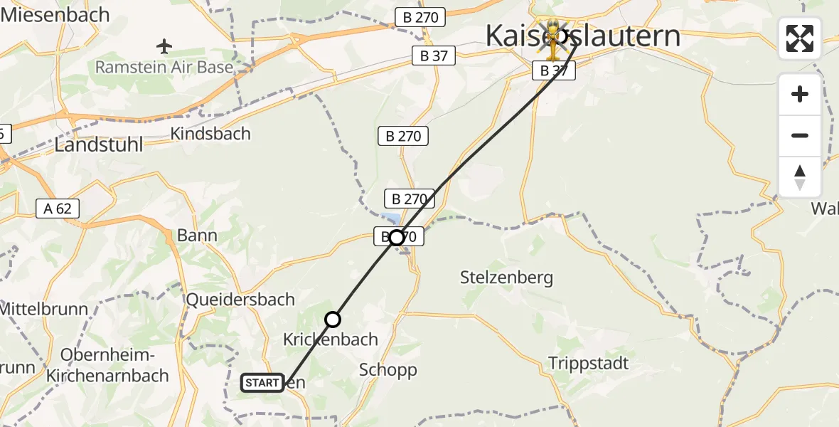 Flugroute Rettungshubschrauber Linden - Westpfalz Hospital Kaiserslautern Heliport, 27 Februar 2026, 12:07
