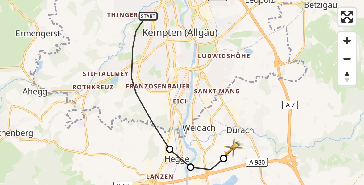 Routekaart van de vlucht: Rettungshubschrauber nach Kempten-Durach Airfield