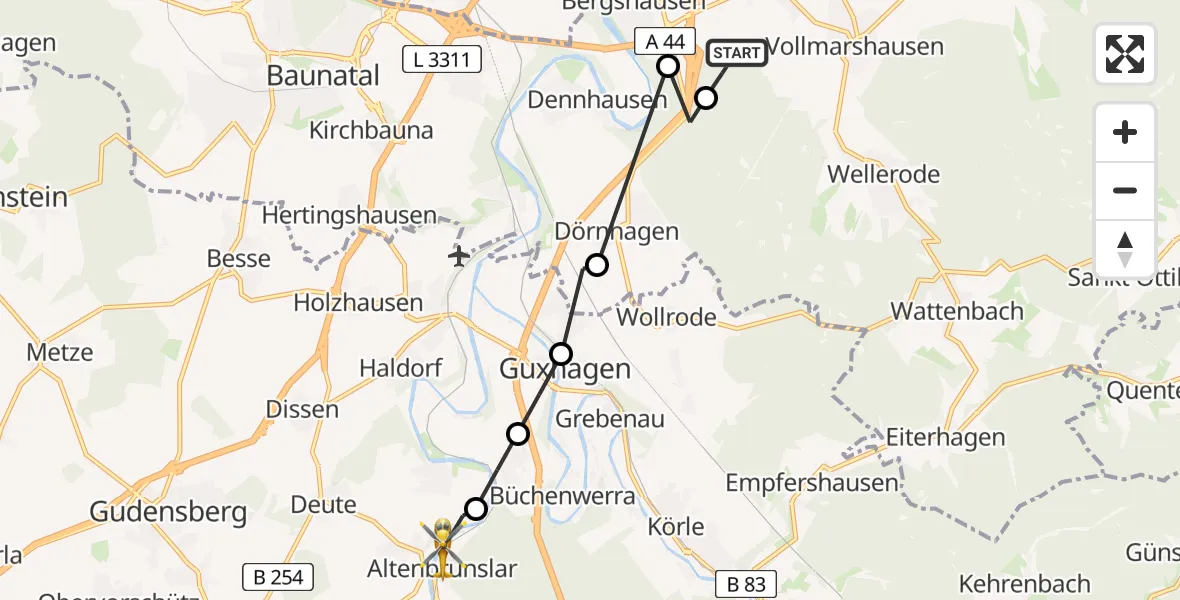 Flugroute Rettungshubschrauber Crumbach - Altenbrunslar, 27 Februar 2026, 12:13
