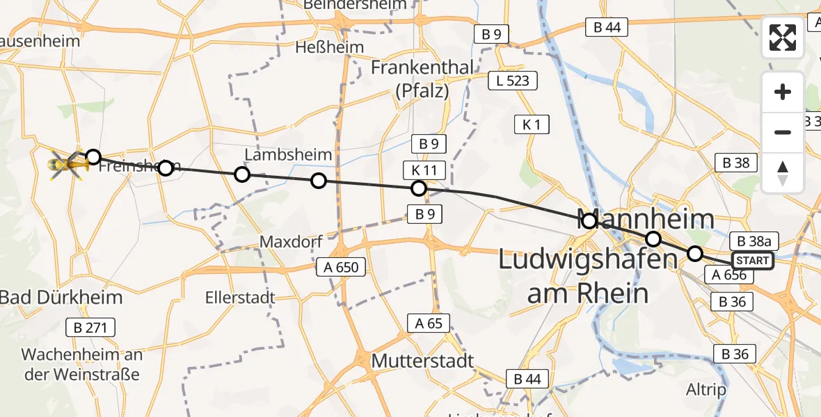 Flugroute Rettungshubschrauber Mannheim-City Airport - Herxheim am Berg, 27 Februar 2026, 12:14