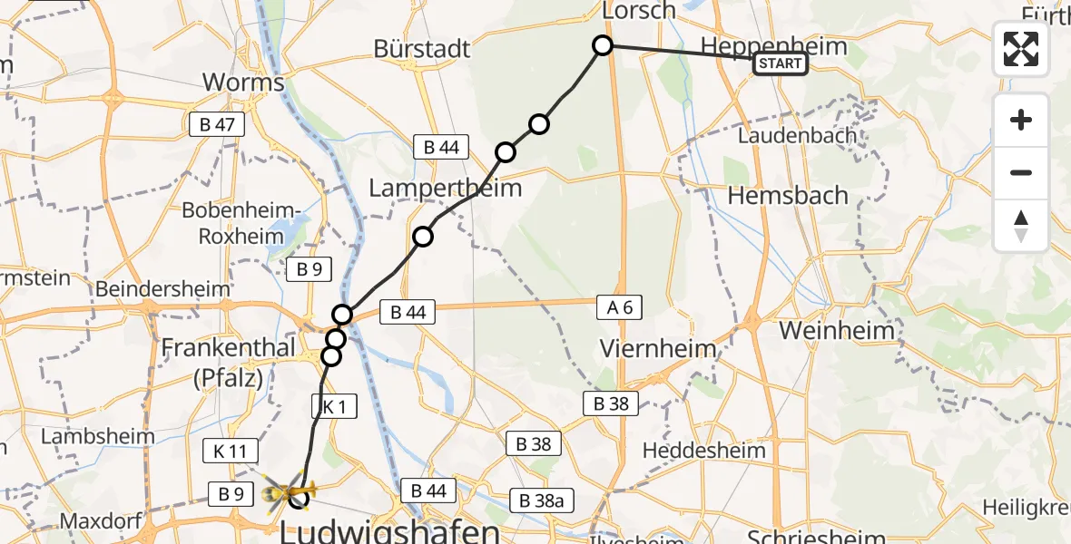 Routekaart van de vlucht: Rettungshubschrauber nach Ludwigshafen am Rhein, Prälat-Caire-Straße