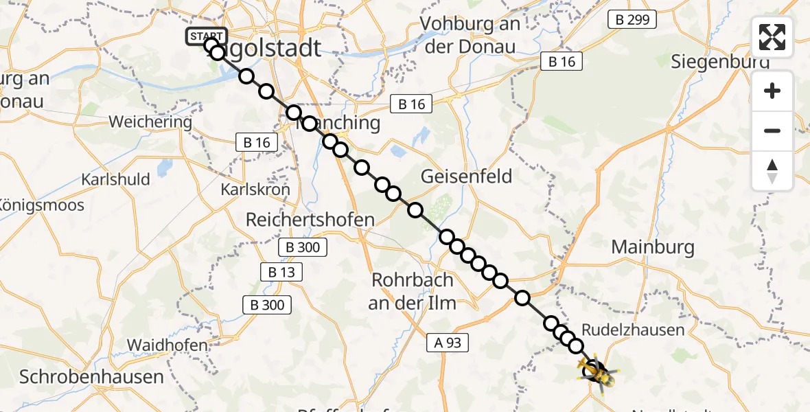 Flugroute Rettungshubschrauber Ingolstadt Hospital Heliport - Günzenhausen, 27 Februar 2026, 12:21