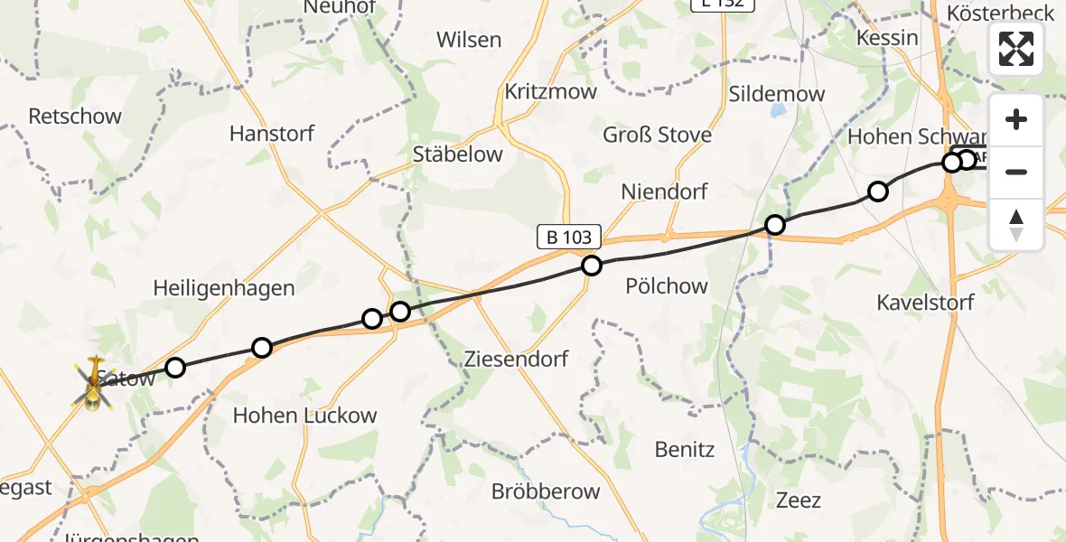 Flugroute Ambulanzhubschrauber Hohen Schwarfs - Satow, 27 Februar 2026, 12:29