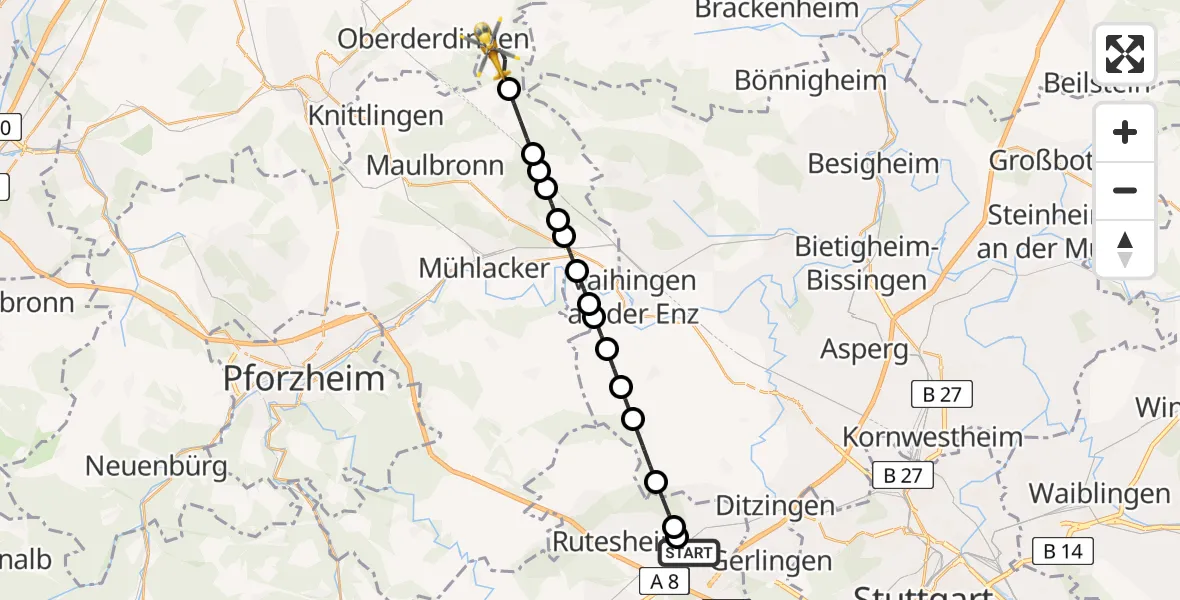 Flugroute Rettungshubschrauber Leonberg Hospital Heliport - Sternenfels, 27 Februar 2026, 12:31