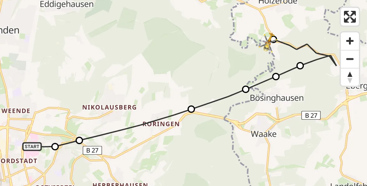 Flugroute Rettungshubschrauber Göttingen University Clinic Heliport - Bovenden, 27 Februar 2026, 12:36