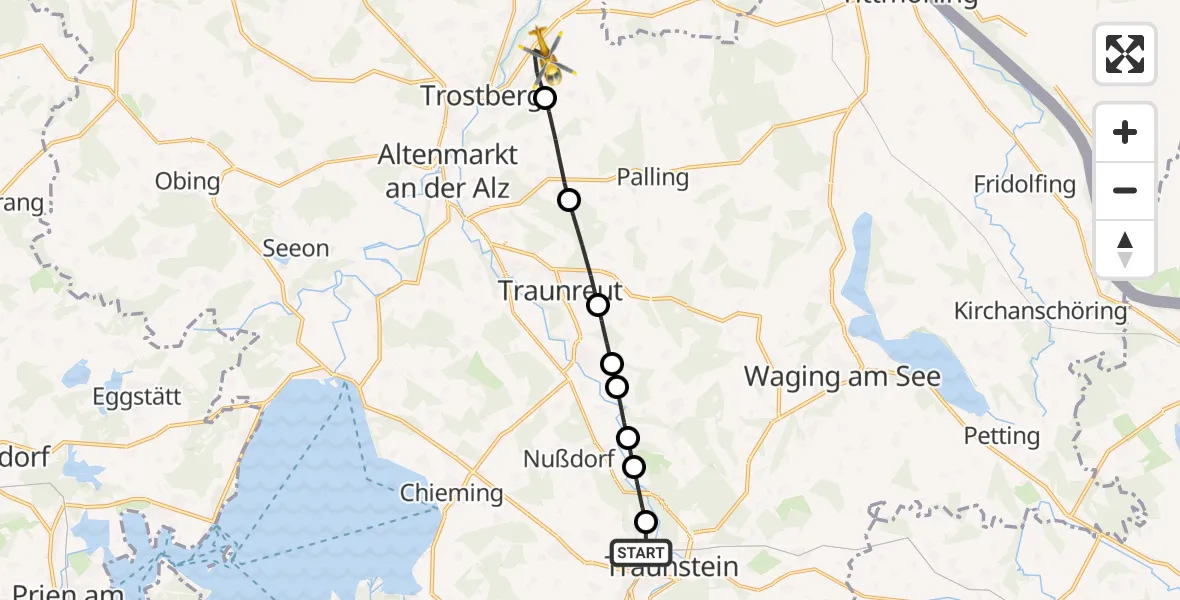 Flugroute Rettungshubschrauber Traunstein Hospital Helipad - Trostberg, 27 Februar 2026, 12:40