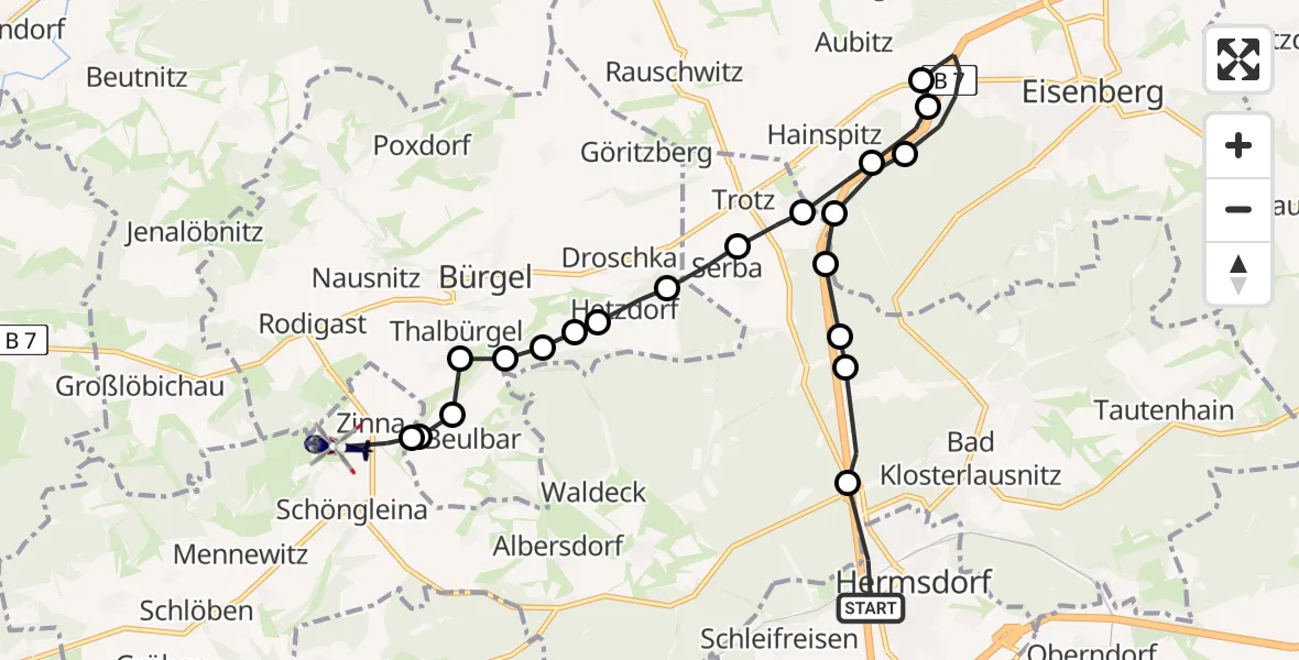 Flugroute Polizeihubschrauber Hermsdorf - Zinna, 27 Februar 2026, 12:45