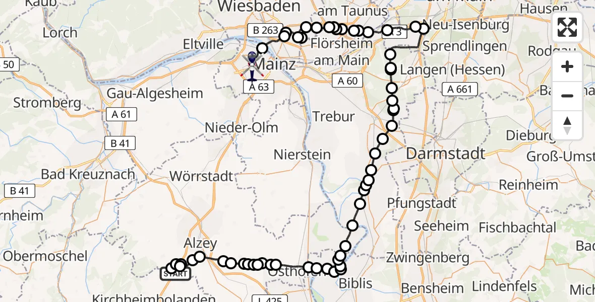 Flugroute Polizeihubschrauber Freimersheim - Mainz, 27 Februar 2026, 12:49