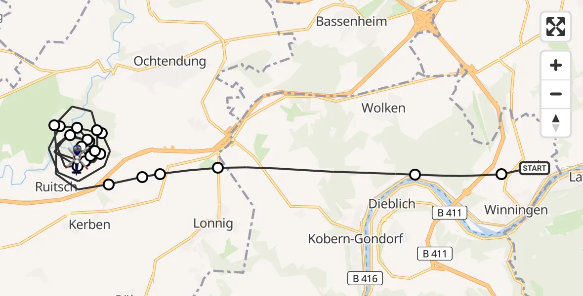 Flugroute Polizeihubschrauber Koblenz-Winningen Airfield - Ruitsch, 27 Februar 2026, 12:57