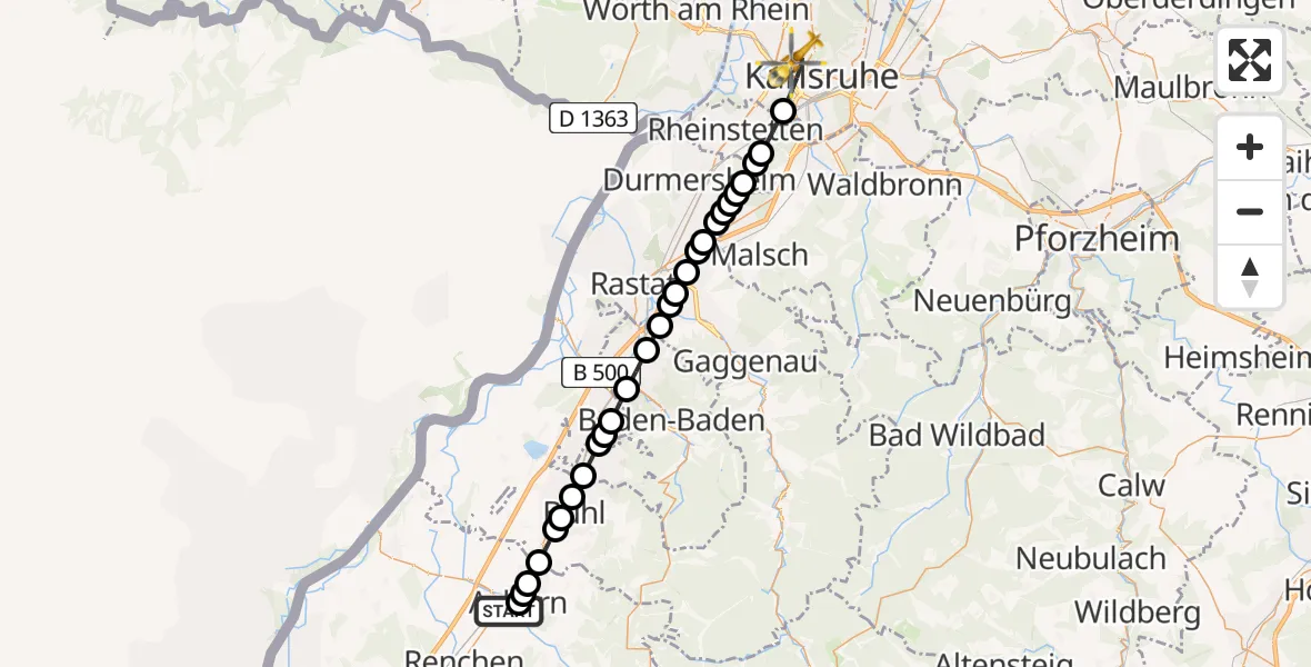 Flugroute Rettungshubschrauber Ortenau Hospital Achern Heliport - Karlsruhe, 27 Februar 2026, 12:58