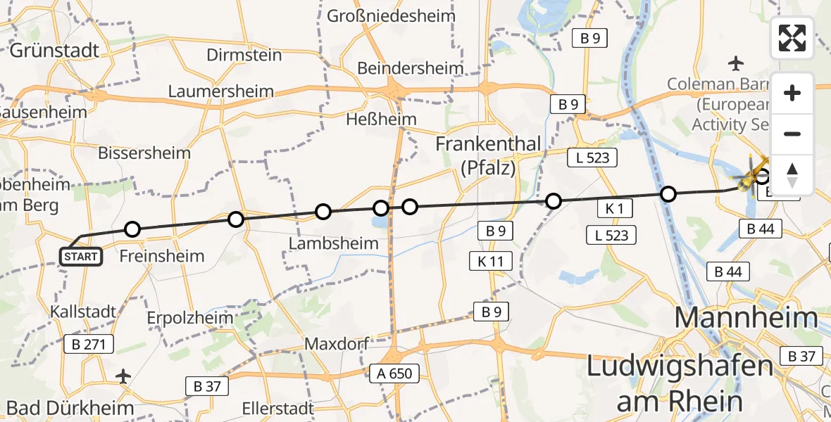 Flugroute Rettungshubschrauber Herxheim am Berg - Mannheim, 27 Februar 2026, 13:04