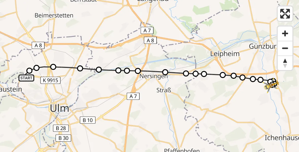 Flugroute Rettungshubschrauber ADAC Air Rescue Station Ulm (Christoph 22) - Kleinkötz, 27 Februar 2026, 13:12