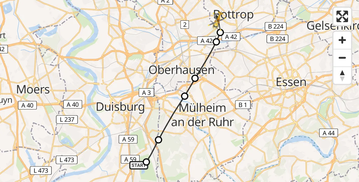 Flugroute Rettungshubschrauber Duisburg Air Rescue Heliport (Christoph 9) - Bottrop, 27 Februar 2026, 13:18