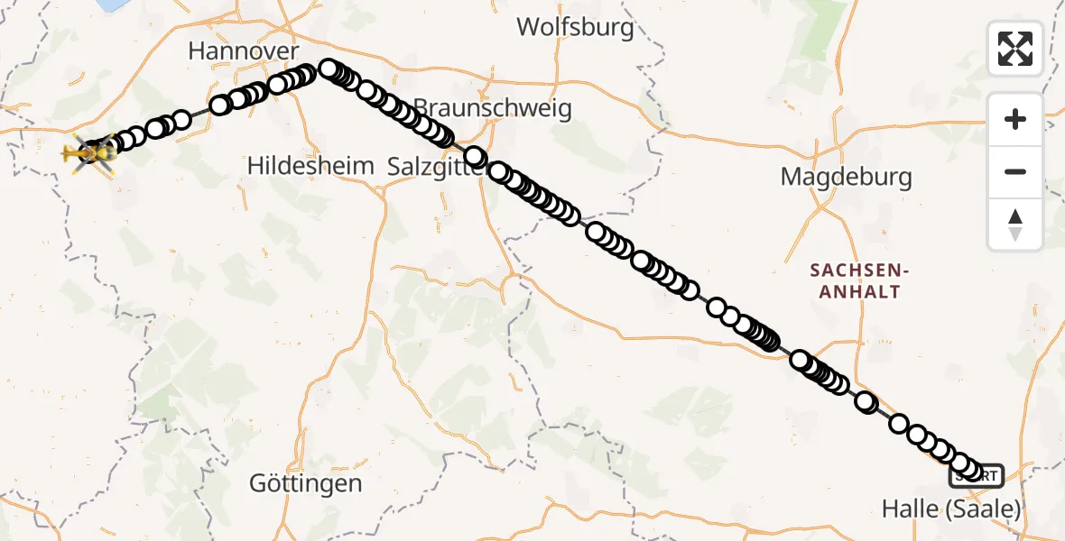 Flugroute Ambulanzhubschrauber Halle-Oppin Airfield - Hessisch Oldendorf, 27 Februar 2026, 13:34