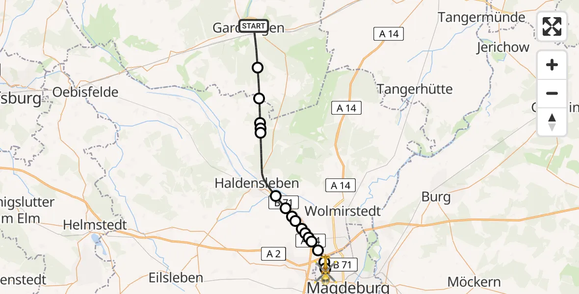 Flugroute Rettungshubschrauber Gardelegen - Magdeburg Hospital Heliport, 27 Februar 2026, 13:57