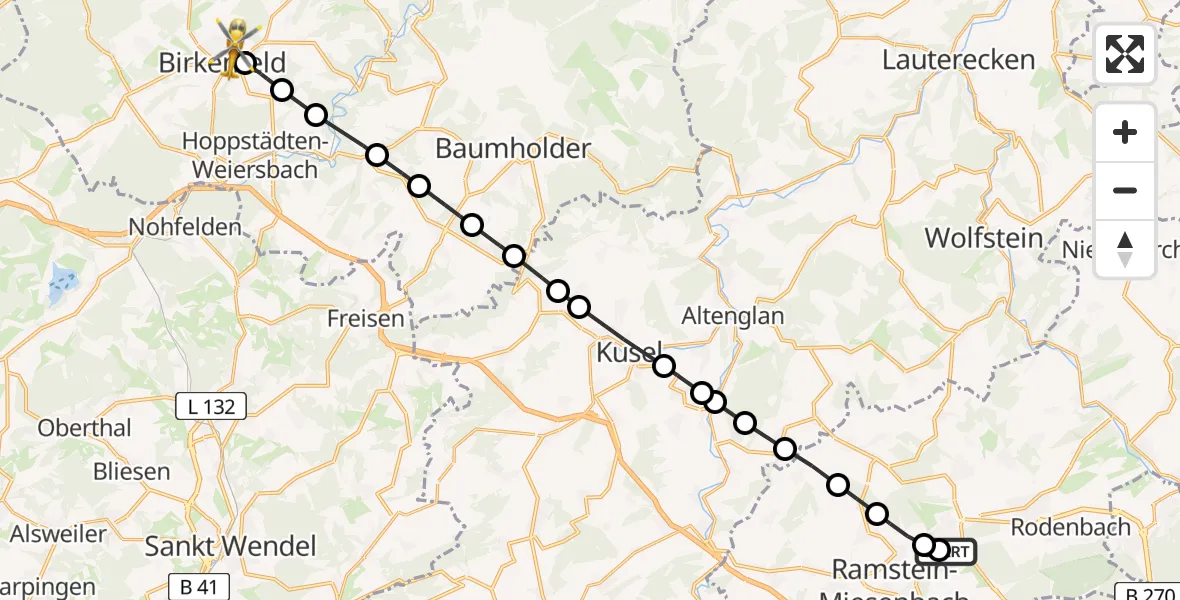 Routekaart van de vlucht: Rettungshubschrauber nach Birkenfeld, Wilhelm-Dröscher-Straße