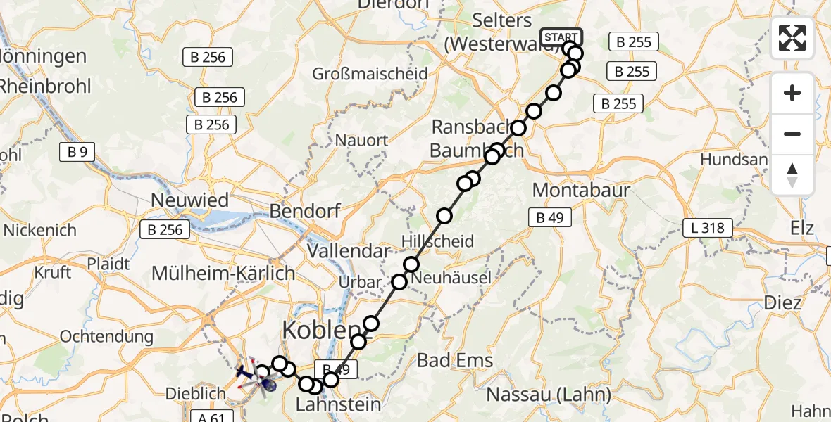 Flugroute Polizeihubschrauber Ewighausen - Koblenz-Winningen Airfield, 27 Februar 2026, 13:57