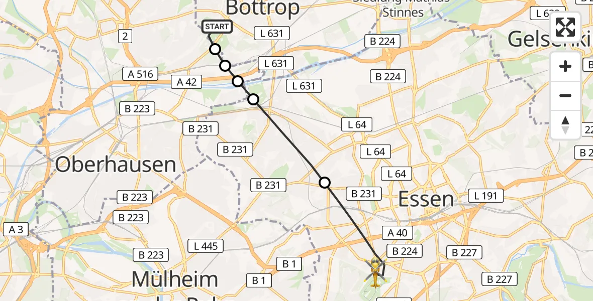 Flugroute Rettungshubschrauber Bottrop - Stadtbezirk III, 27 Februar 2026, 13:58