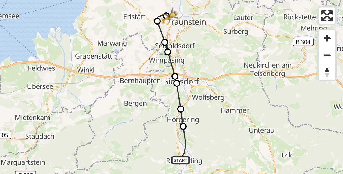 Flugroute Rettungshubschrauber Ruhpolding - Traunstein Hospital Helipad, 27 Februar 2026, 14:04