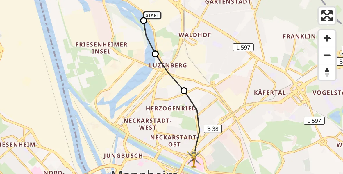 Flugroute Rettungshubschrauber Mannheim - Neckarstadt-Ost/Wohlgelegen, 27 Februar 2026, 14:04