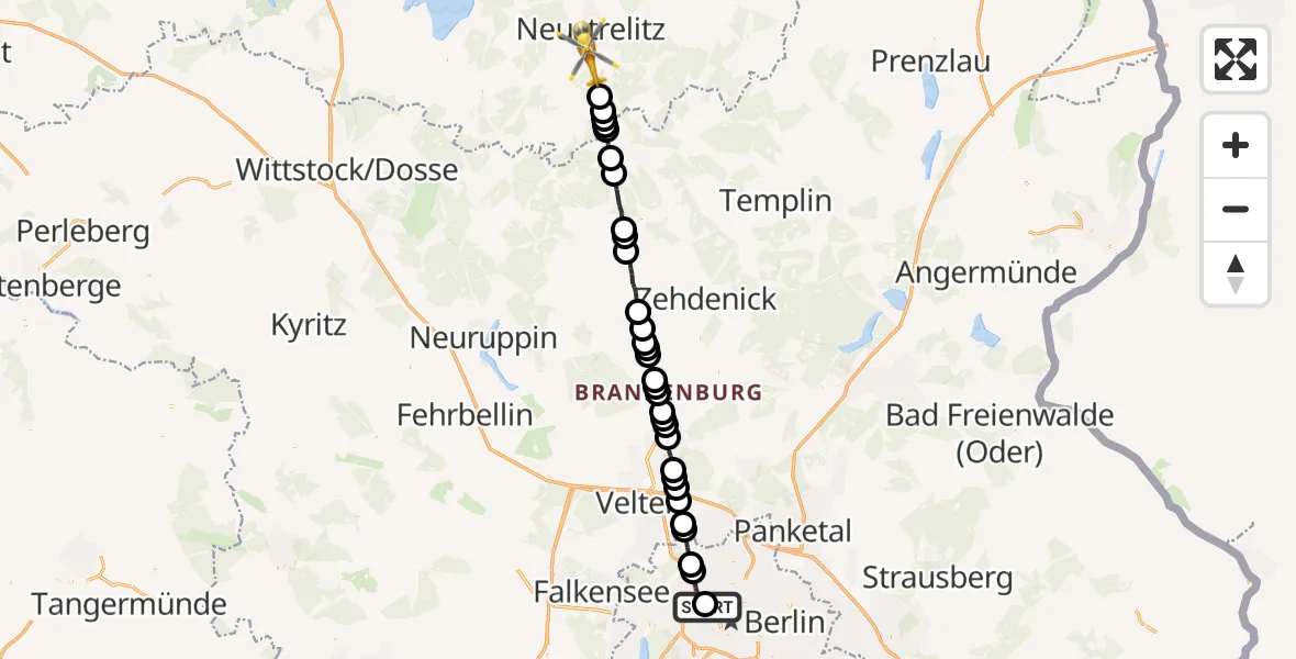 Flugroute Rettungshubschrauber Charité Clinic Virchow Campus Heliport - Neustrelitz, 27 Februar 2026, 14:08