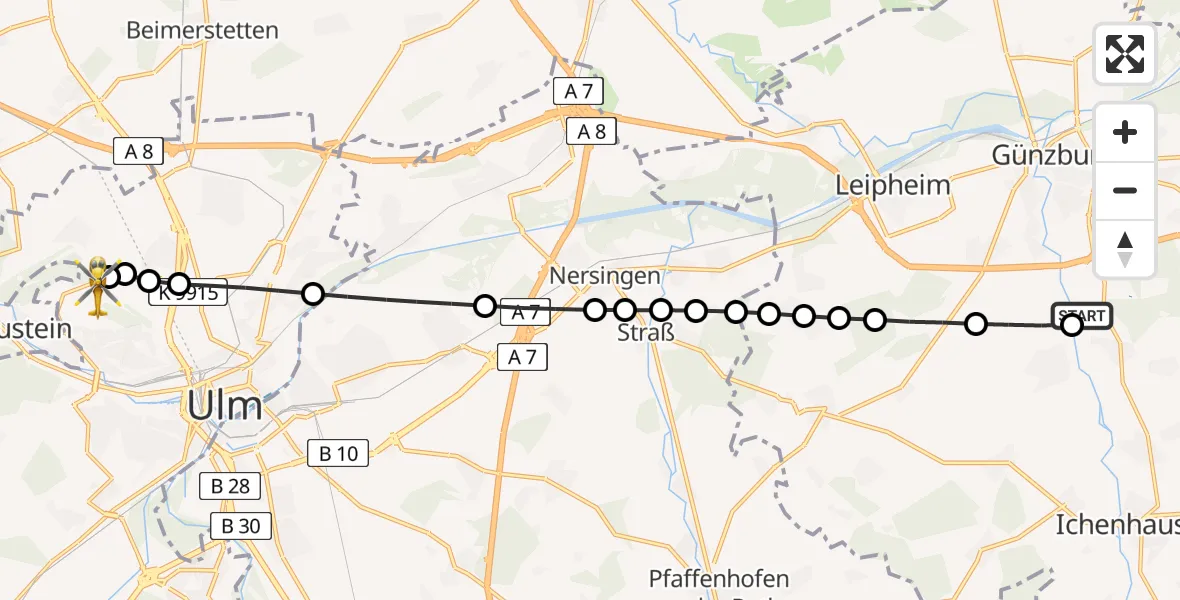 Flugroute Rettungshubschrauber Kleinkötz - Ulm Military Hospital Emergency Heliport, 27 Februar 2026, 14:14