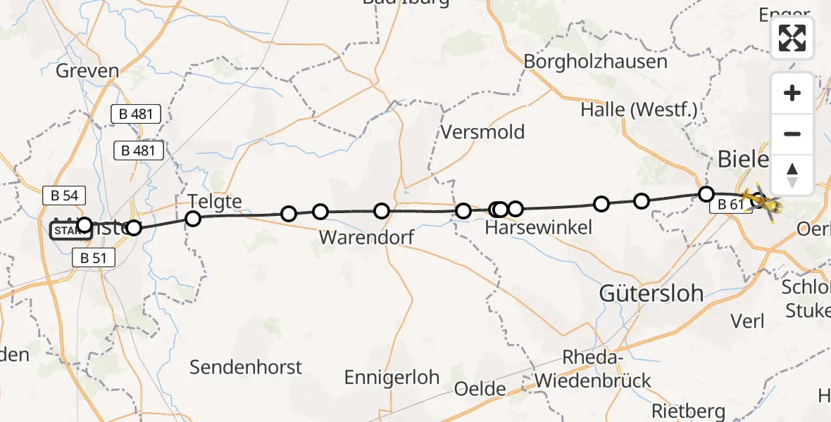 Flugroute Rettungshubschrauber Münster-West - Luftrettungszentrum Bielefeld, 27 Februar 2026, 14:17