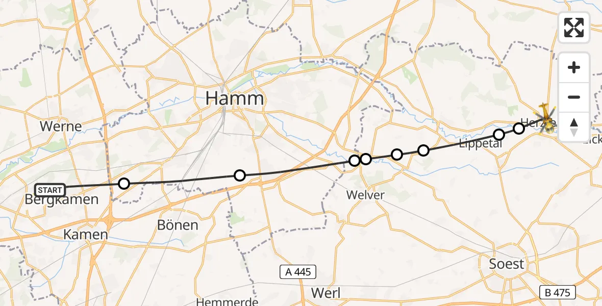 Flugroute Rettungshubschrauber Bergkamen - Lippetal, 27 Februar 2026, 14:23