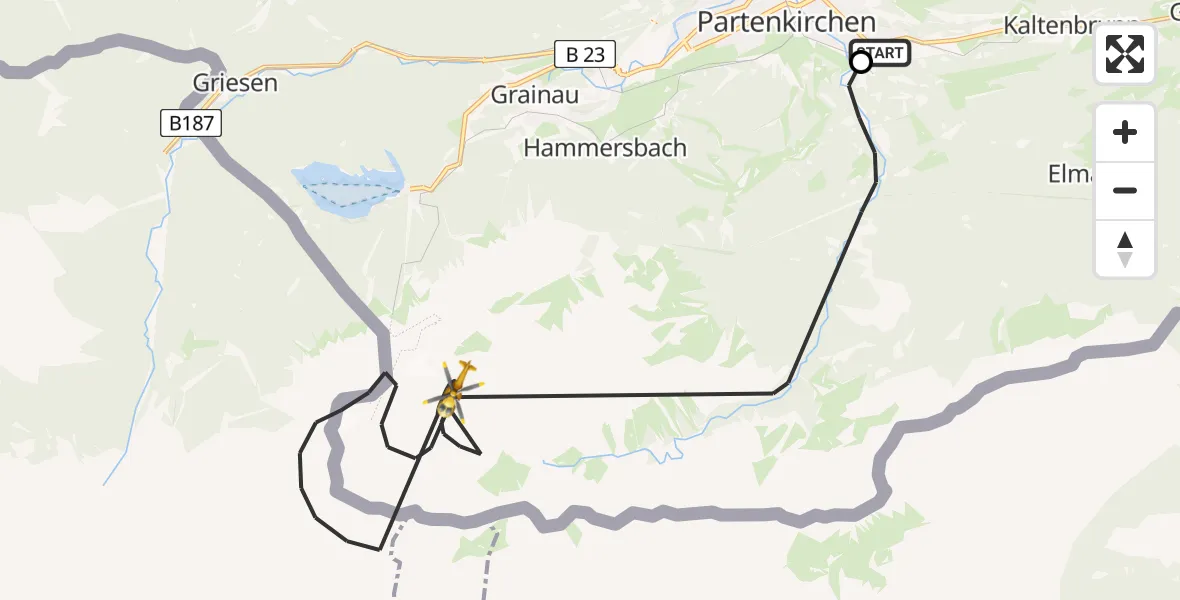 Flugroute Rettungshubschrauber Garmisch-Partenkirchen Clinic Heliport - Garmisch-Partenkirchen, 27 Februar 2026, 14:23