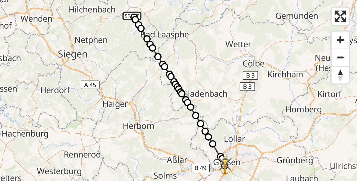 Flugroute Rettungshubschrauber Erndtebrück - Gießen University Hospital Heliport, 27 Februar 2026, 14:32