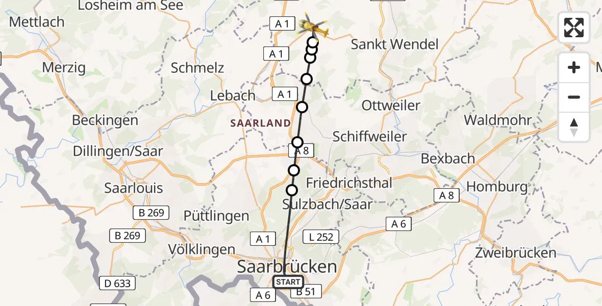 Routekaart van de vlucht: Rettungshubschrauber nach Tholey, St. Wendeler Straße
