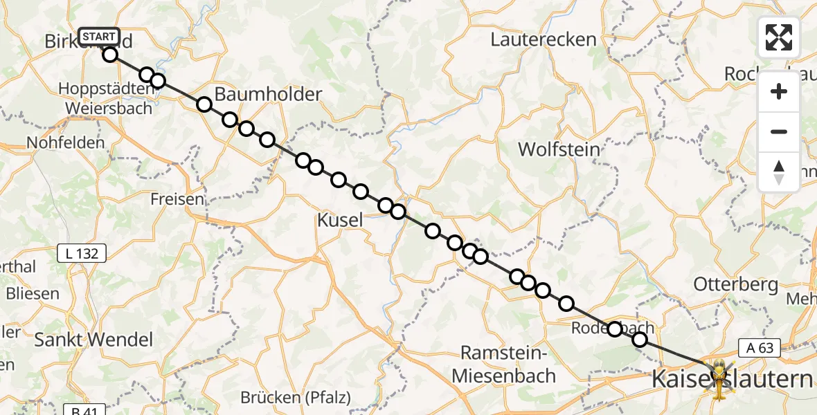 Flugroute Rettungshubschrauber Birkenfeld - Westpfalz Hospital Kaiserslautern Heliport, 27 Februar 2026, 14:51
