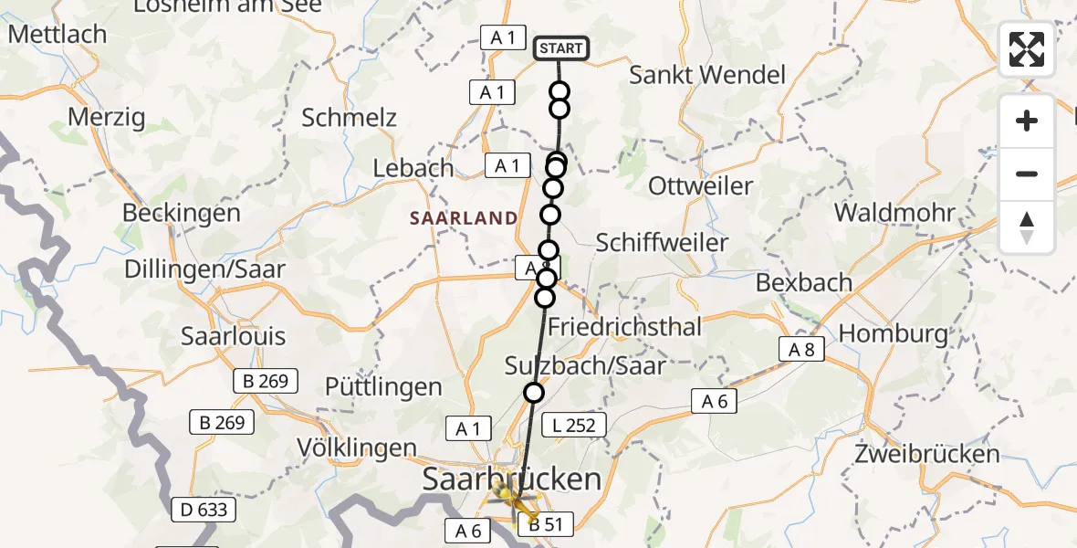 Routekaart van de vlucht: Rettungshubschrauber nach Saarbrücken, Winterberg