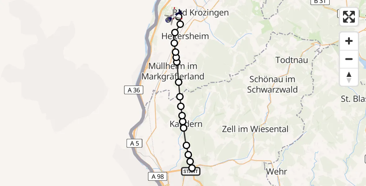 Flugroute Polizeihubschrauber Brombach - Hartheim am Rhein, 27 Februar 2026, 15:18