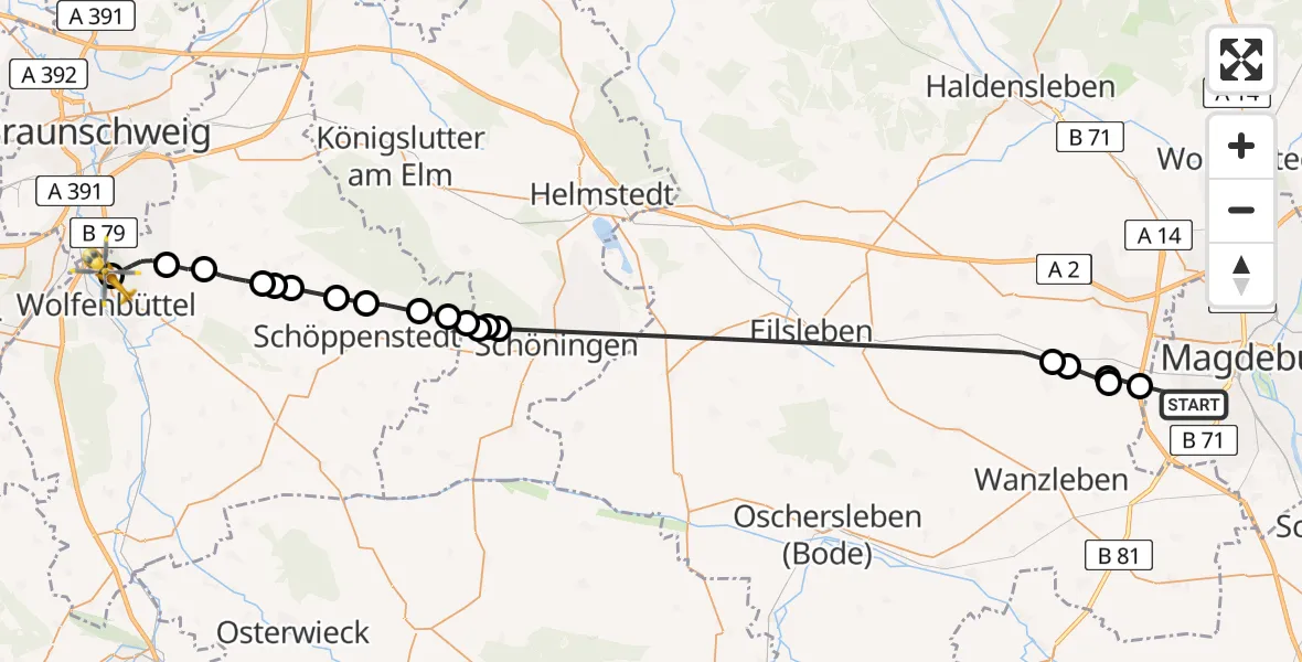 Flugroute Rettungshubschrauber Magdeburg - Wolfenbüttel Municipal Hospital Heliport (Christoph 30), 27 Februar 2026, 15:22