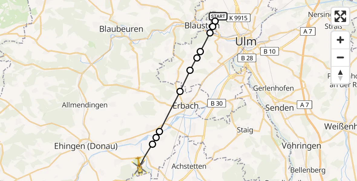 Flugroute Rettungshubschrauber ADAC Air Rescue Station Ulm (Christoph 22) - Rißtissen, 27 Februar 2026, 15:25