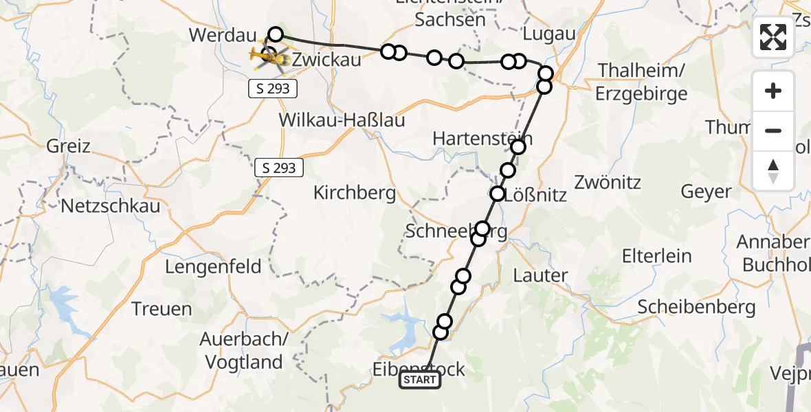Flugroute Rettungshubschrauber Eibenstock - ADAC Air Rescue Station Zwickau Heliport, 27 Februar 2026, 15:26