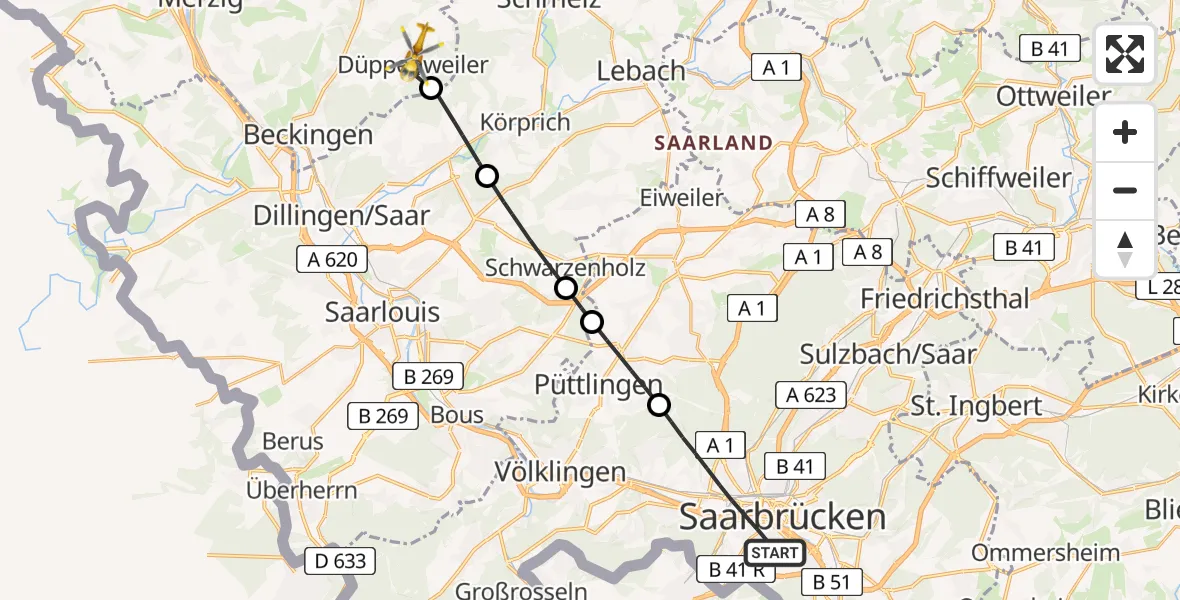 Flugroute Rettungshubschrauber Saarbrücken - Beckingen, 27 Februar 2026, 15:36